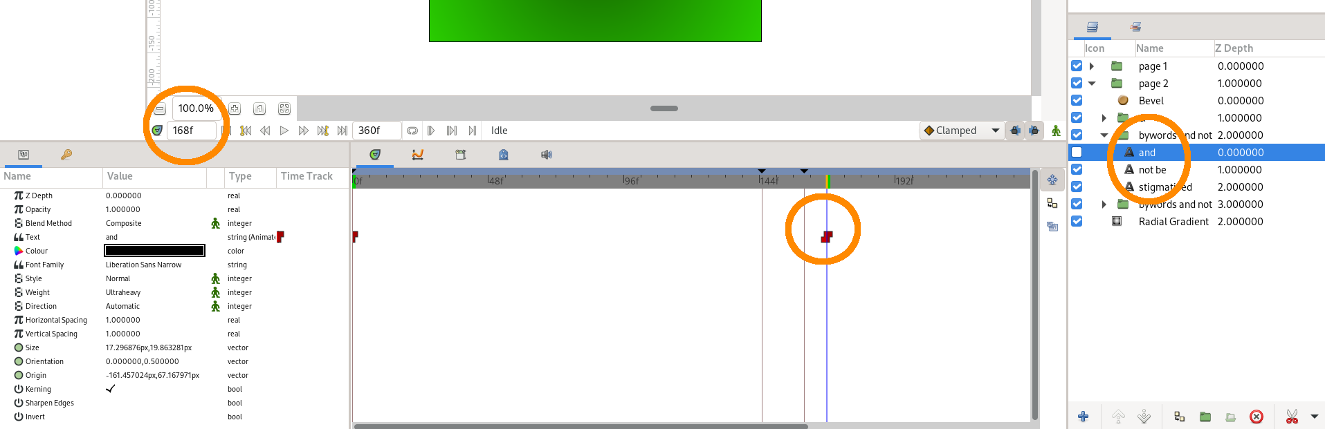 Synfig Studio, with the "and" layer selected. The time cursor is on the waypoint which brings in the word "and".