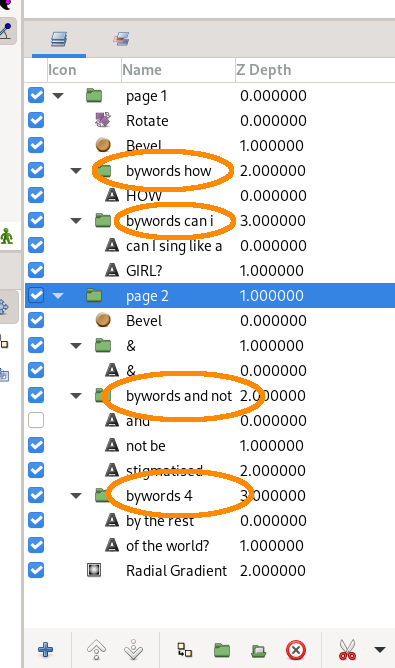The layers pane in Synfig Studio. Four groups (highlighted) have names beginning 
