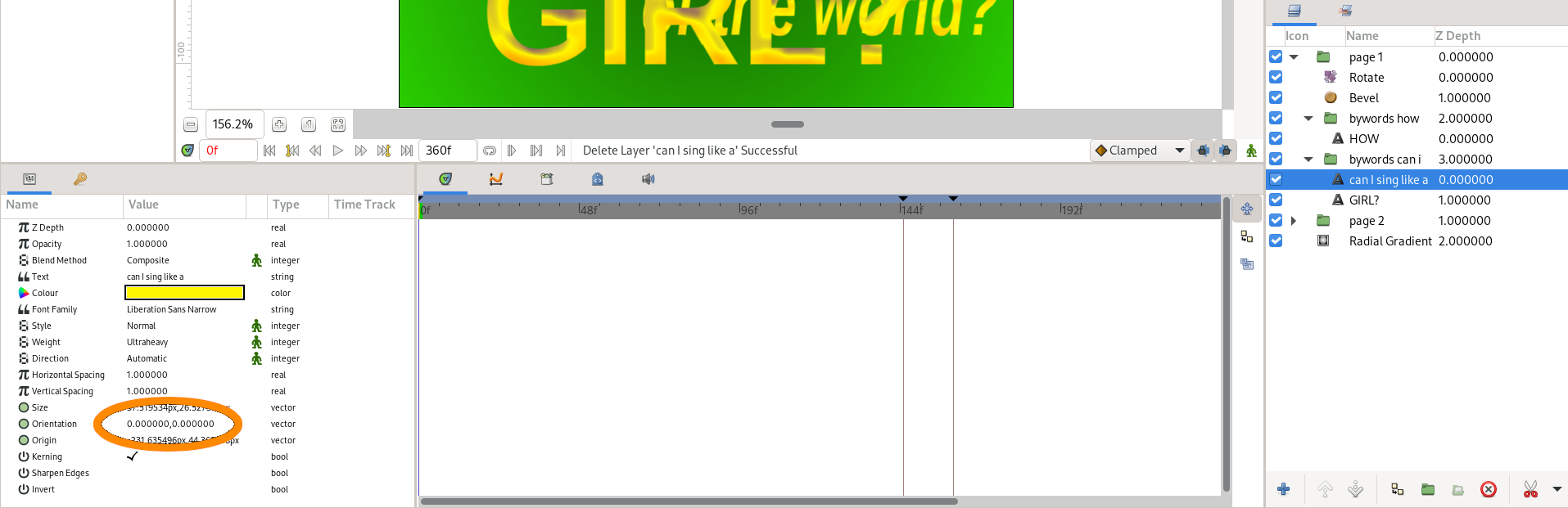 Synfig Studio, with the Orientation field of a text layer highlighted.